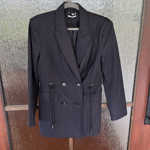 CO Blazer Jacket Black Pinstripe Wool Blend Tie Waist Pockets Size L - Picture 4 of 11
